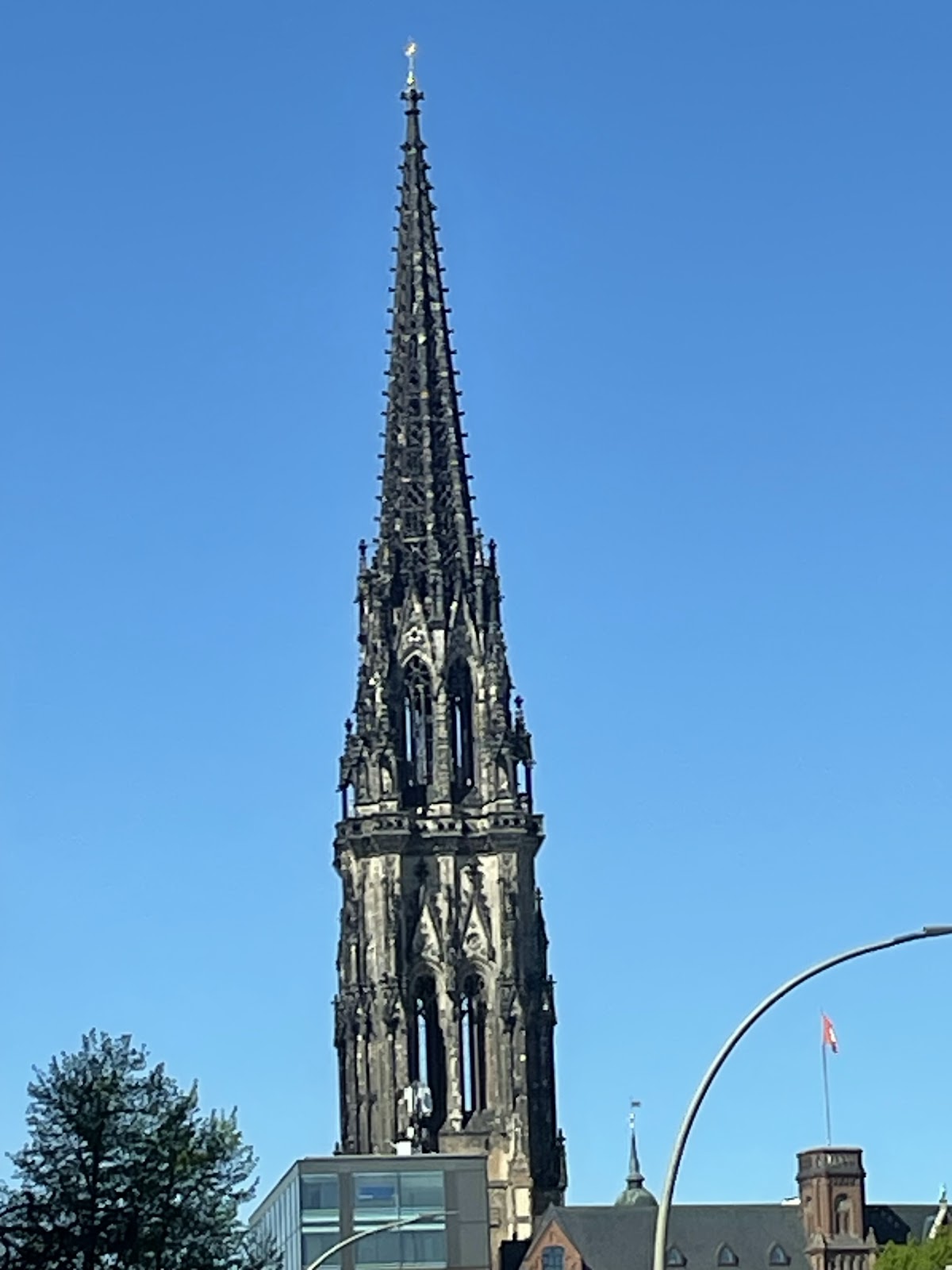 Hamburg church spire against blue sky